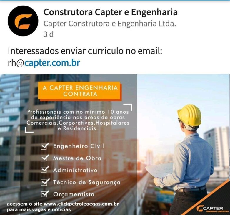 Engenheiro civil, orçamentista, mestre de obras, tecnico em segurança