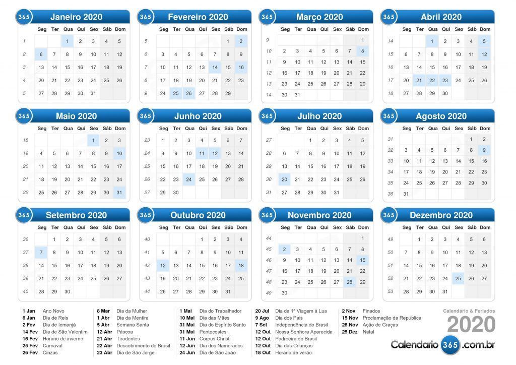 Calendario feriados 2020