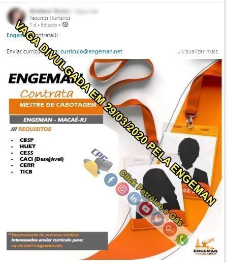 Contratos de petróleo y gas en Macaé de Engeman demanda vacantes offshore en la función de Maestro de Cabotaje