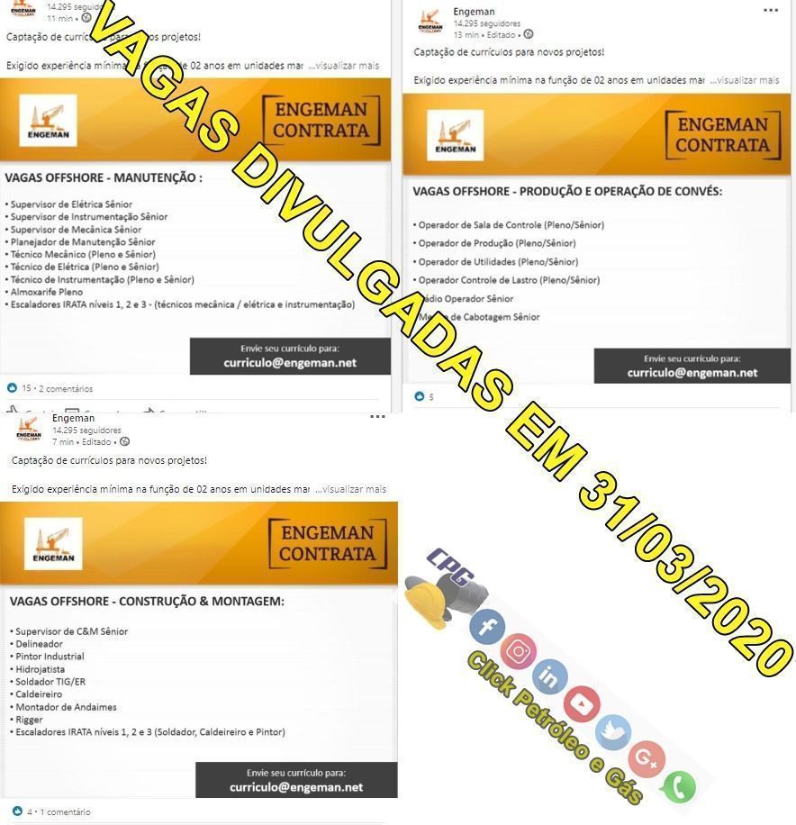 Nuevo proyecto de petróleo y gas Engeman Macaé demanda muchas vacantes de empleo, en casi todas las funciones divulgadas esta noche, 31 de marzo