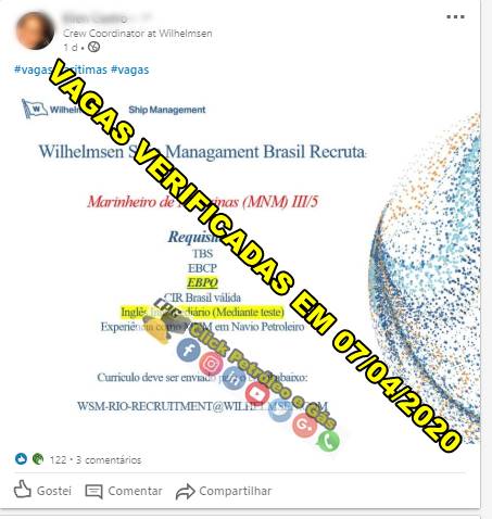 Para contratos offshore en Río de Janeiro, Wilhelmsen Ship inicia proceso selectivo para Marinero de Máquinas