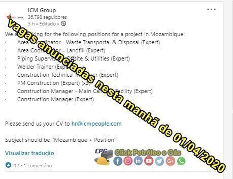 Contratos offshore en Mozambique demanda vacantes de empleo para brasileños en áreas técnicas, soldadura, tuberías y más