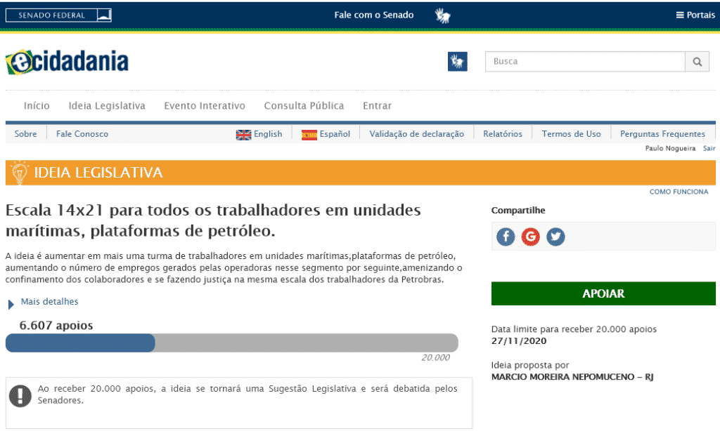 Ideia Legislativa Senado Federal escala de 14x21 offshore