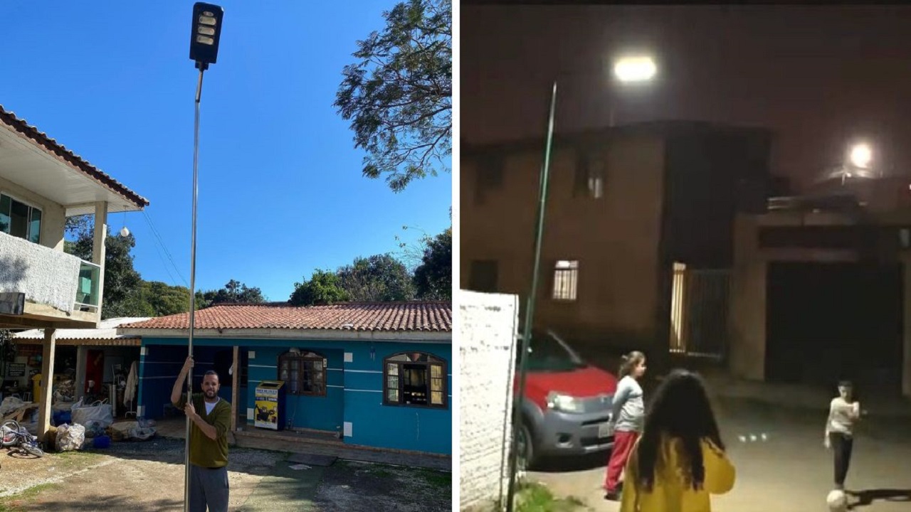 Morador de Curitiba constrói poste movido a energia solar e gera iluminação de graça na sua região