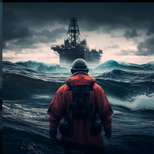 Trabajador imponente diante das ondas da plataforma de petróleo