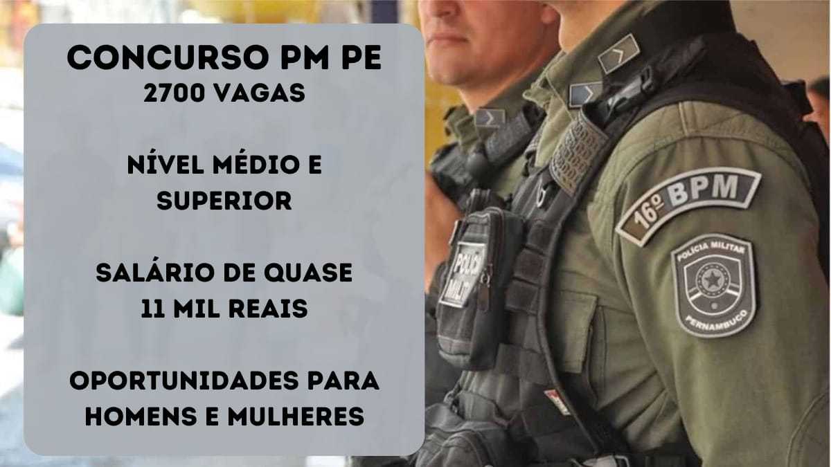 As inscrições para o concurso PM PE serão abertas nessa segunda-feira e oferece 2700 vagas para nível médio e superior nas posições de Soldado e Oficial (2º Tenente). Segundo o edital publicado, as provas serão realizadas somente em 2024.