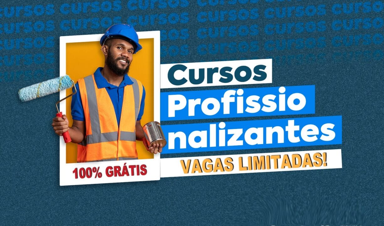 Homem sorridente com equipamento de segurança promove cursos profissionalizantes gratuitos em marcenaria e outras áreas.
