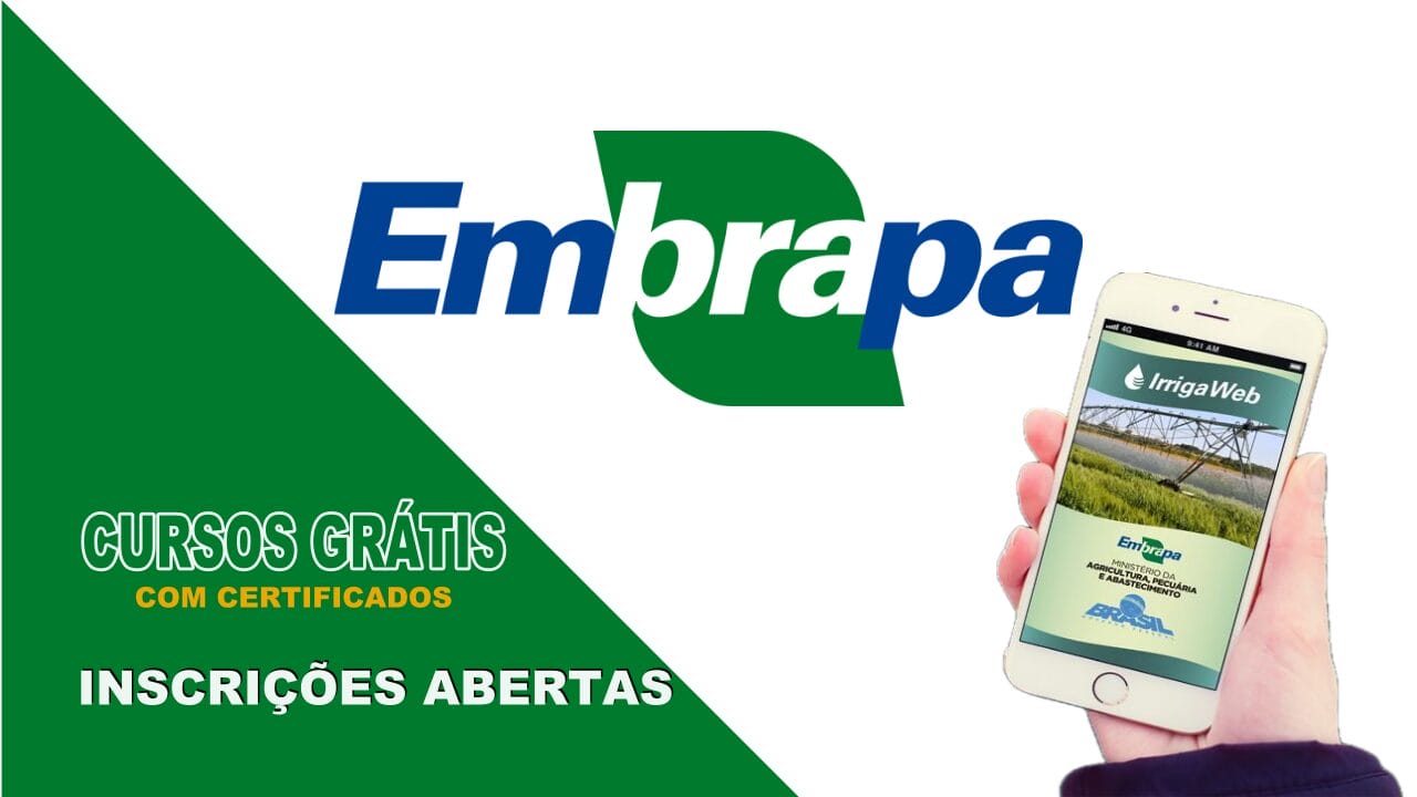 Logotipo da Embrapa e mão segurando smartphone exibindo curso online, com texto destacando cursos EAD gratuitos e inscrições abertas."