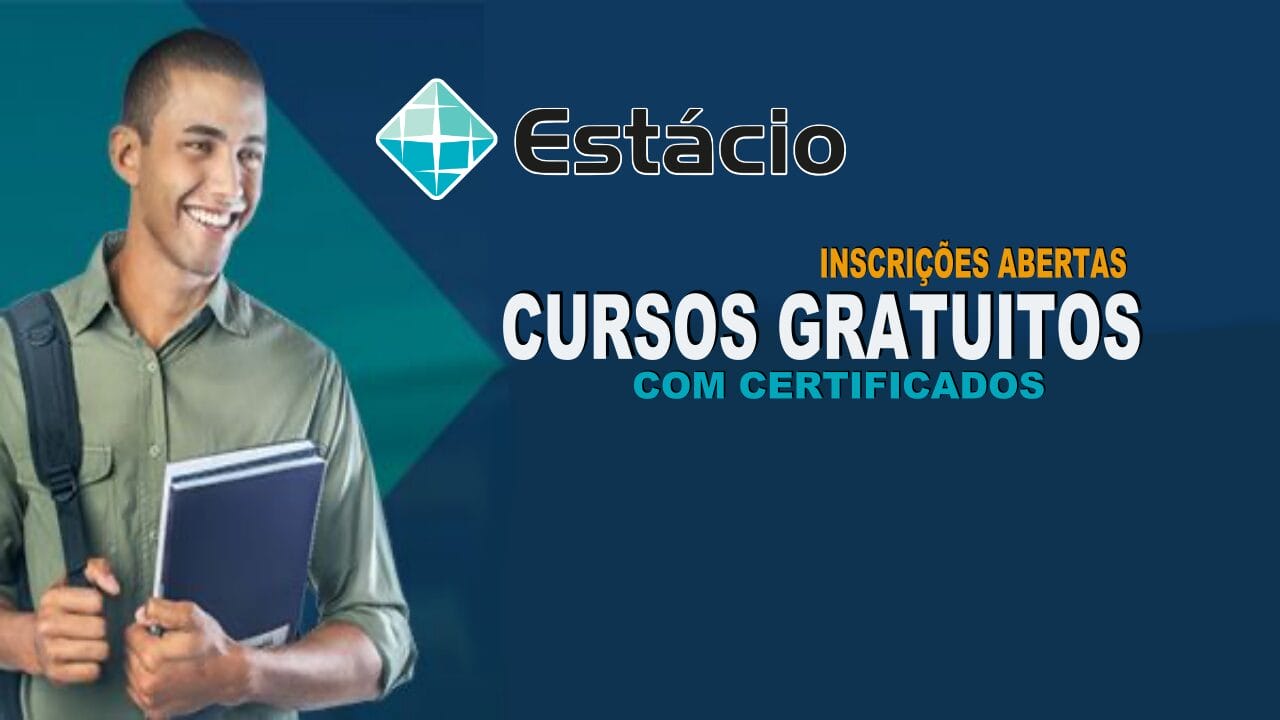 Estudante sorridente com livros anunciando cursos gratuitos com certificado na Estácio em diversas áreas, inscrições abertas.