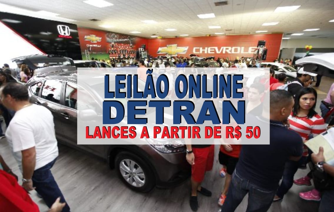 Leilão online do Detran com veículos expostos e público interessado, oferecendo carros e motos de marcas populares a partir de R$ 50