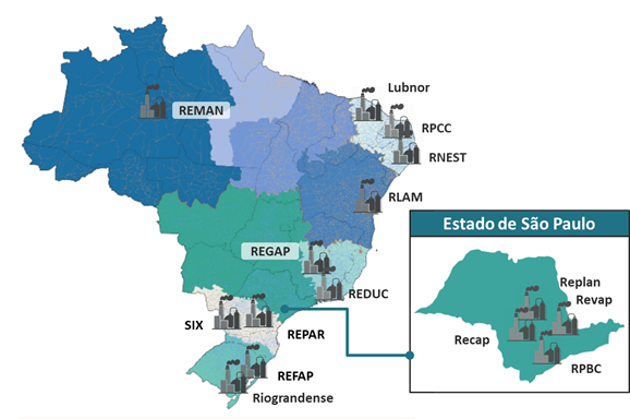 Mapa ilustrativo de Brasil destacando la ubicación de las refinerías de Petrobras en todo el territorio nacional