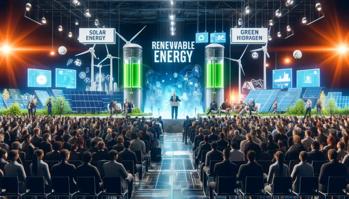 Cena dinâmica de um summit sobre energia renovável com painéis solares, turbinas eólicas e tanques de hidrogênio verde