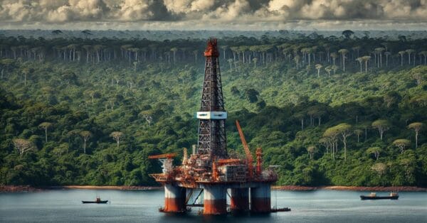 Cena de uma sonda de perfuração offshore contrastando com a floresta do Amapá ao fundo para arrecadar royalties do petróleo