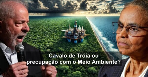 Marina Silva vs Lula: Imagem panorâmica da floresta Amazônica ao lado da Margem Equatorial, com uma plataforma FPSO para exploração de petróleo no centro, destacando o contraste entre a natureza e a indústria petrolífera.