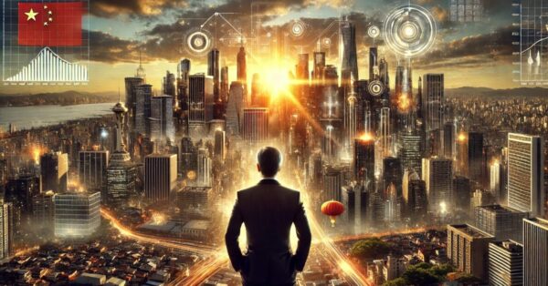 Executivo chinês de costas olhando o desenvolvimento econômico e tecnológico da China no Brasil.