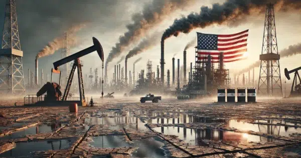 Impacto ambiental da produção de combustíveis fósseis com bandeira americana ao fundo