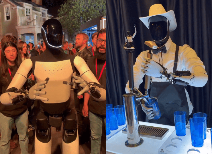 Robot Optimus Tesla atendiendo al público y trabajando en el comercio, por ejemplo en un bar o restaurante.