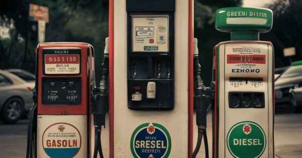 Bombas de combustível destacando a transição para combustíveis mais sustentáveis, incluindo Diesel, E10 e gasolina 95.