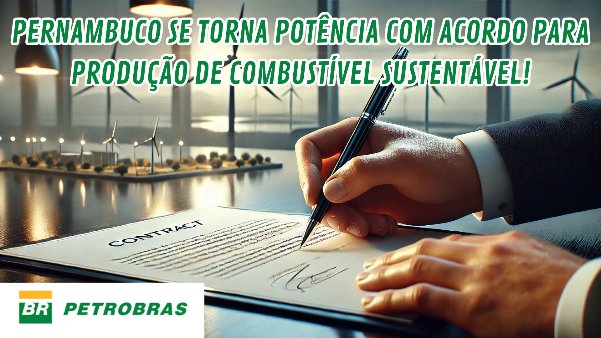 Assinatura de contrato para produção de combustível sustentável em Pernambuco com o logotipo da Petrobras ao fundo.