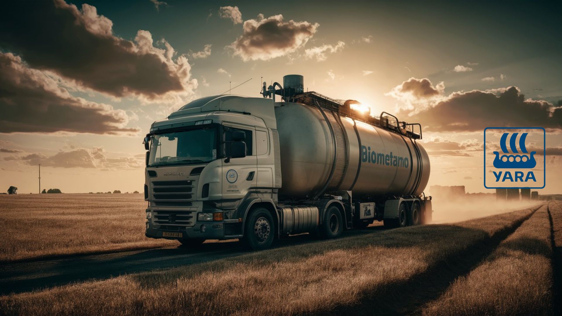 Caminhão-tanque transportando biometano em campo aberto com logo da Yara ao fundo.