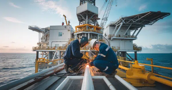 Soldador e caldeireiro trabalhando a bordo de uma sonda de perfuração offshore moderna em alto mar.
