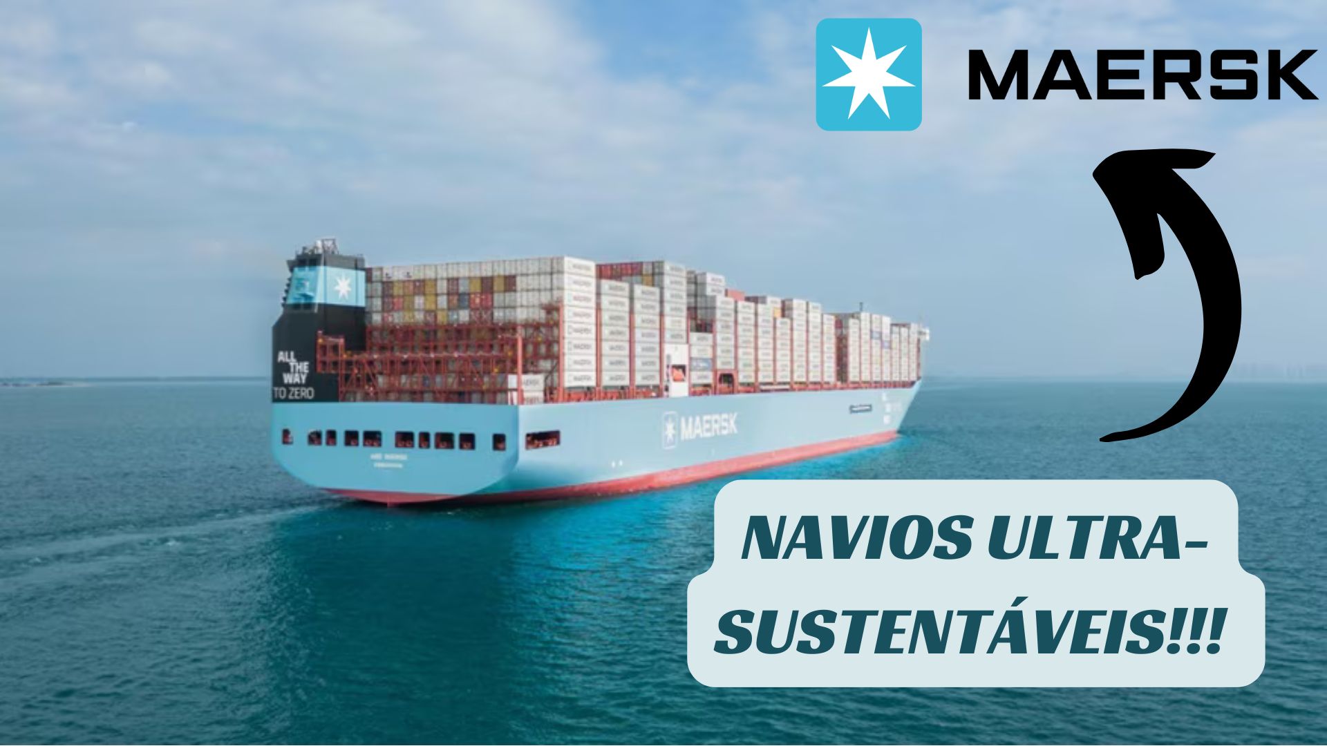 Navio sustentável da Maersk no oceano com contêineres, promovendo transporte ecológico.