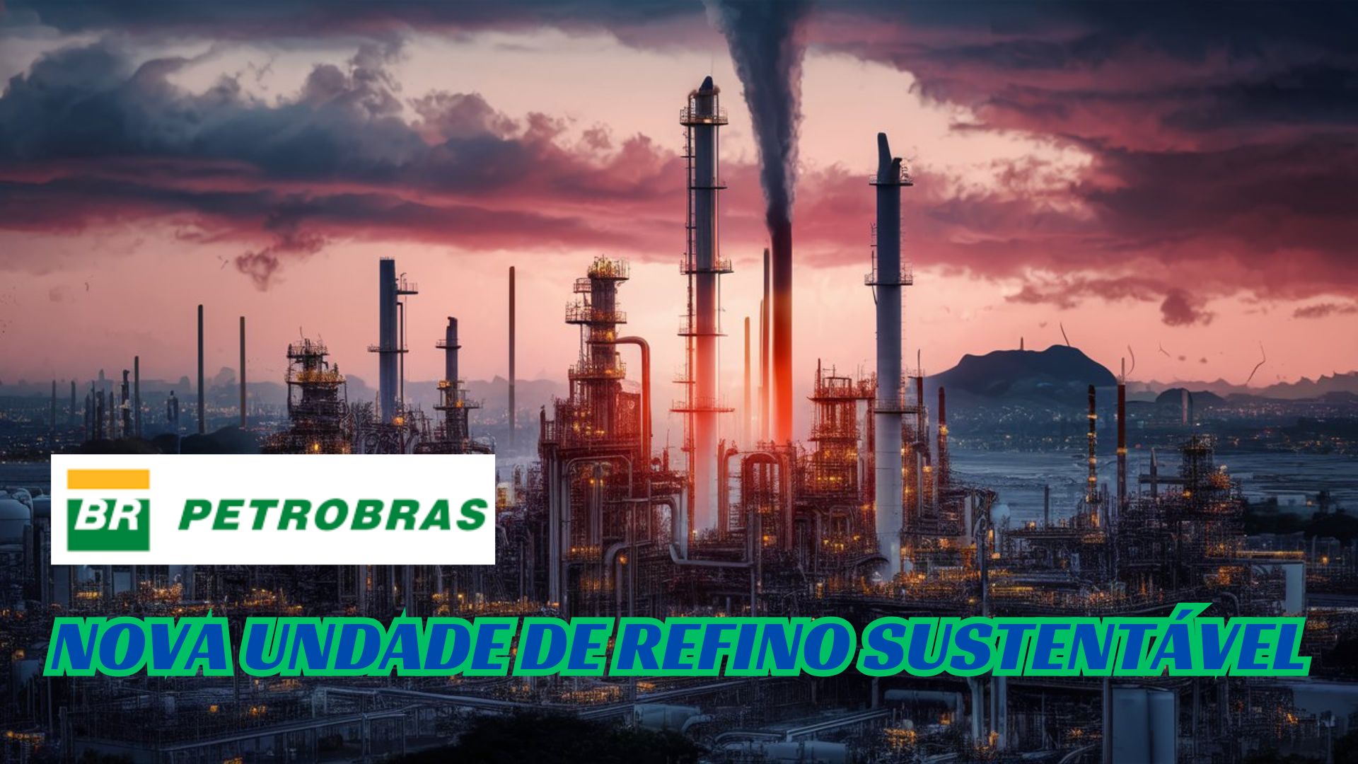 Refinaria sustentável da Petrobras ao pôr do sol, destacando o compromisso com tecnologias limpas.