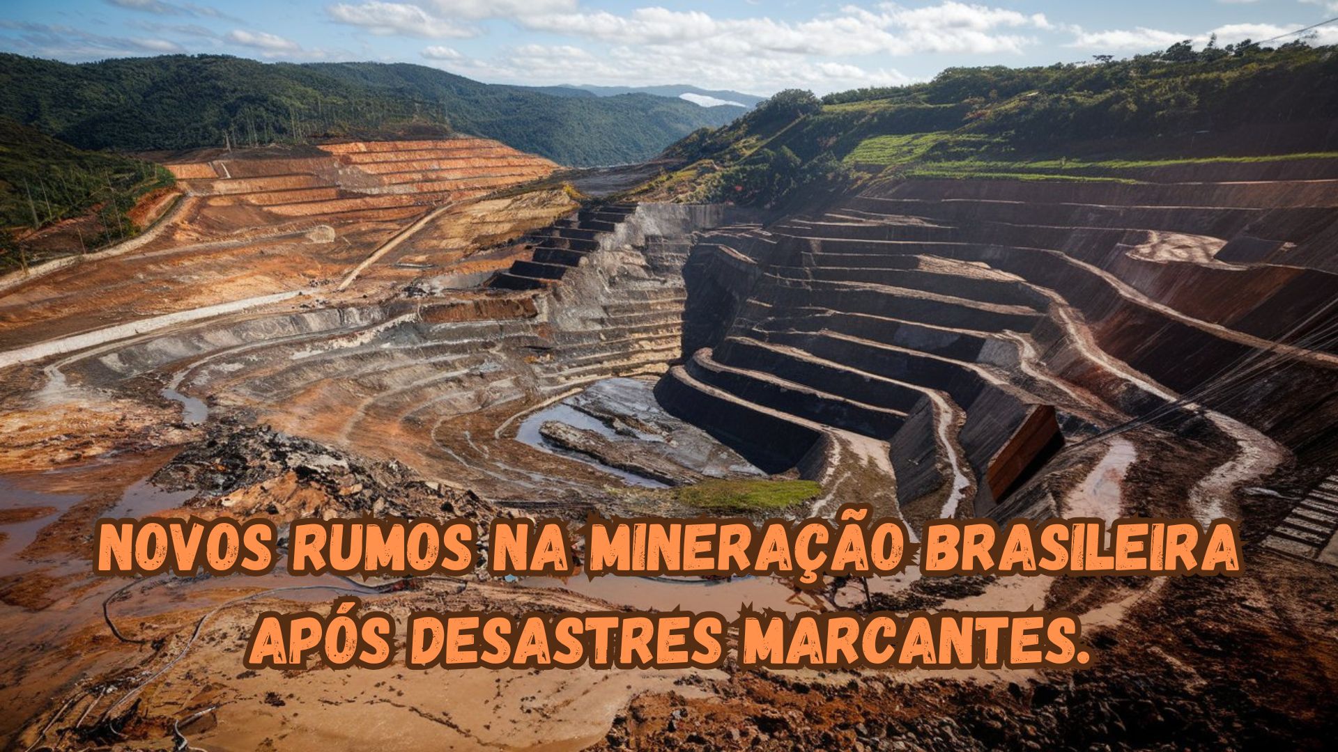 Vista de uma área de mineração brasileira com destaque para a recuperação ambiental após os desastres de Mariana e Brumadinho.