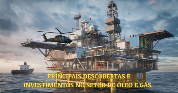 Plataforma offshore com helicóptero, representando as principais descobertas e investimentos no setor de óleo e gás.