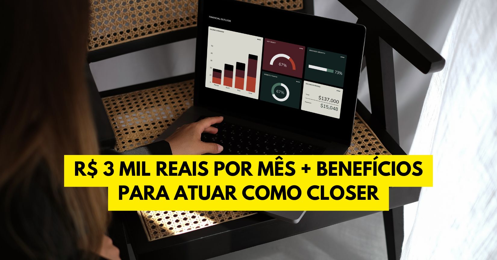 R$ 3 mil reais por mês + benefícios para atuar como closer em home office