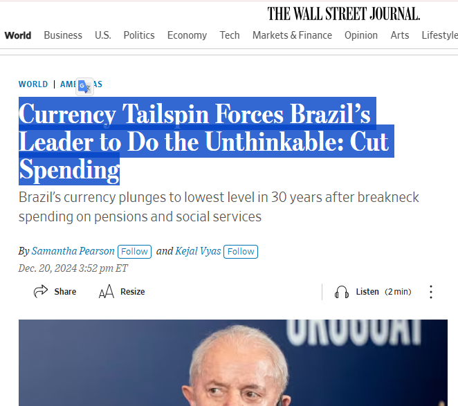 The Wall Street Journal - La caída cambiaria obliga al líder brasileño a hacer un recorte impensable de gastos