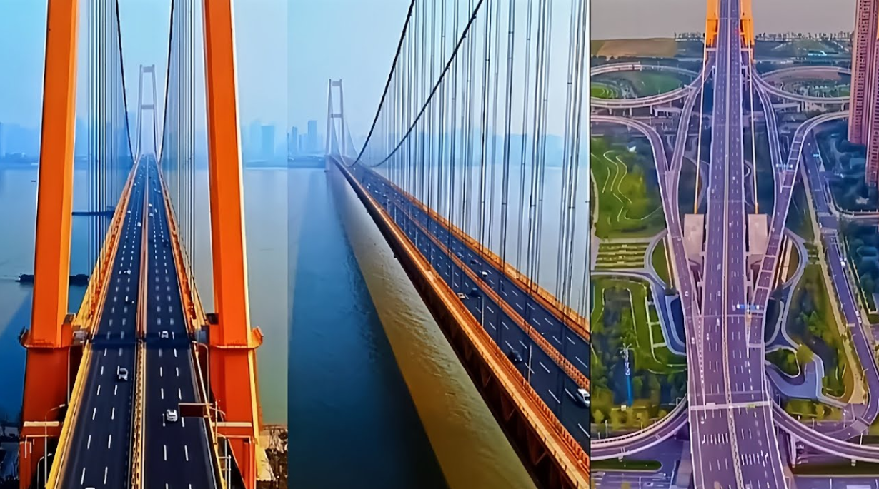 El puente dorado de China tiene impresionantes 4.134 metros de longitud total y un vano principal de 1.700 metros, siendo sostenido por torres de 254,9 metros al norte y 231,9 metros al sur, que soportan cables principales con una tensión proyectada de 65.000 toneladas cada uno.