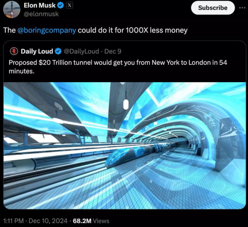 Elon Musk propone usar la tecnología innovadora de The Boring Company para construir un túnel submarino de bajo costo, reduciendo el precio en hasta mil veces y revolucionando el transporte entre Nueva York y Londres.