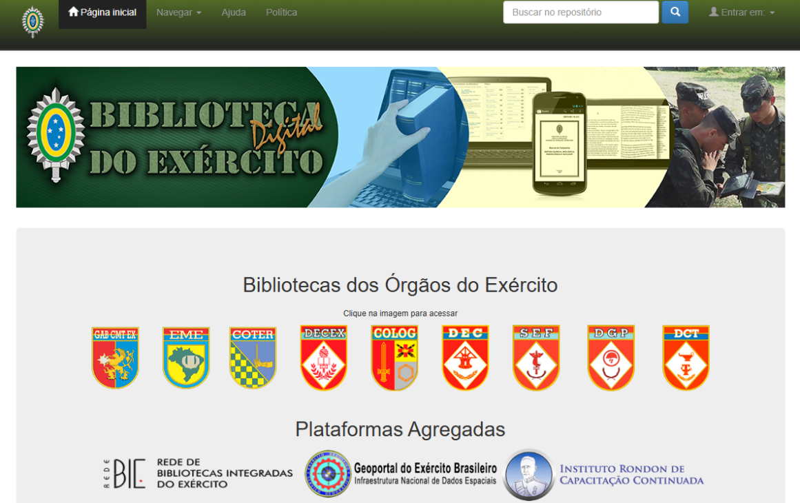 La Biblioteca Digital del Centro de Doctrina del Ejército (BDEx) se encuentra en Brasil y organiza información sobre doctrinas, logística y defensa militar. Sirve como una plataforma pública para acceder a monografías, manuales y publicaciones institucionales del Ejército de Brasil.