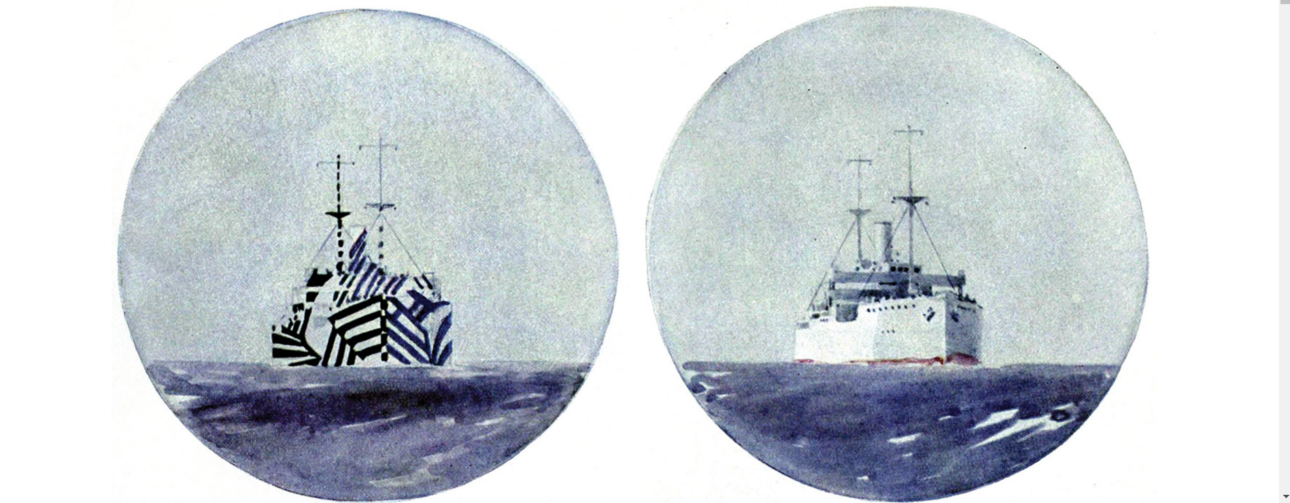 >Estos dibujos coloridos muestran cómo el efecto tridimensional del patrón de brillo engaña completamente los ojos del observador, dificultando la comprensión del formato y de la dirección del barco.