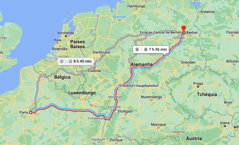 El tren de alta velocidad parte de París, en Francia, y llega a Berlín, en Alemania, conectando dos de las mayores capitales europeas. Durante el trayecto, cruza ciudades estratégicas como Estrasburgo, Karlsruhe y Frankfurt, uniendo importantes centros urbanos de Europa Occidental.
