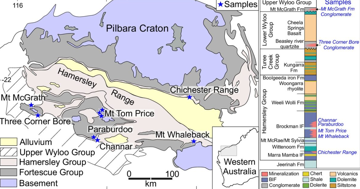 Un mapa detallado de la región de Pilbara, en Australia Occidental, identificó lugares clave donde se recolectaron muestras de mineral, marcados con estrellas azules. El análisis reveló que los depósitos ricos en hierro, como la hematita, están concentrados en el Grupo Hamersley, una formación geológica que también contiene capas de otros minerales importantes.