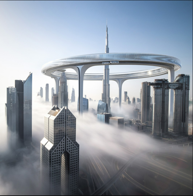 La RING CITY va a flotar apoyada en cinco pilares estructurales gigantes alrededor del Burj Khalifa. Estos pilares serán diseñados para garantizar estabilidad y seguridad, incluso en las alturas.