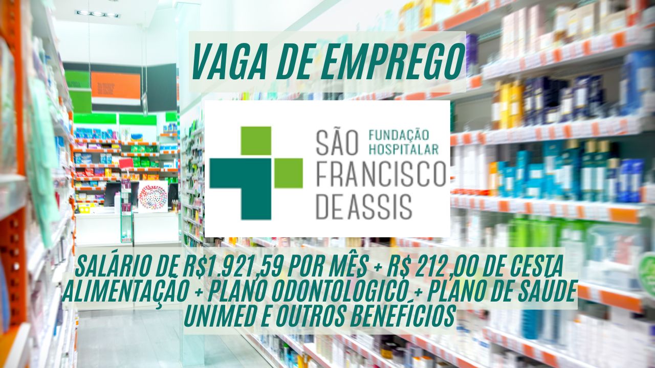Trabalhe das 09:00 às 21:00 (sistema 12x36) na FHSFA e receba R$1.921,59 por mês + R$ 212,00 de cesta alimentação + plano odontológico + plano de saúde Unimed e outros benefícios; Saiba mais sobre a vaga de auxiliar de farmácia 