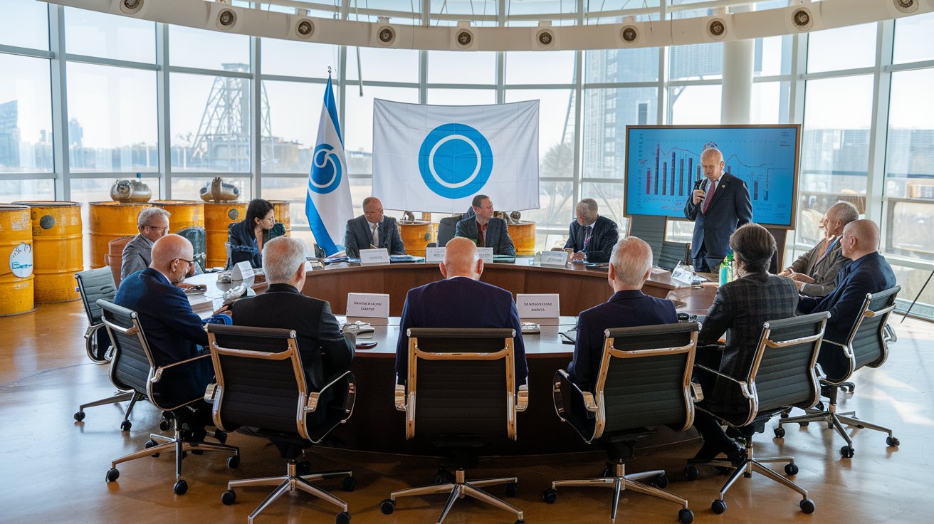 Reunião da Opep discutindo a crise global do petróleo, com especialistas analisando gráficos e barris no fundo.