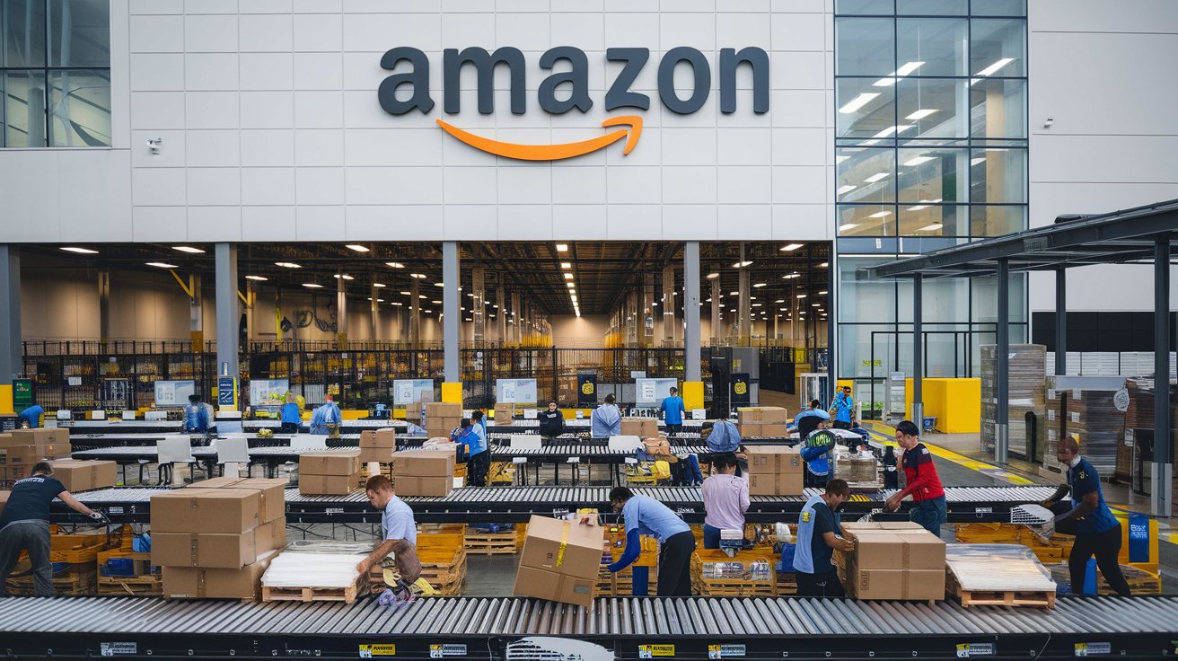 Funcionários trabalhando no centro logístico da Amazon, organizando pacotes em esteiras transportadoras.