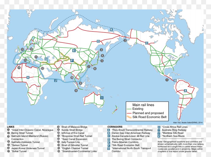 La imagen muestra un mapa global con las principales líneas ferroviarias existentes (en verde), planificadas o propuestas (en rojo), y las rutas económicas de la Nueva Ruta de la Seda (en naranja). En América del Sur, destaca el proyecto de un ferrocarril transoceánico (marcado como "A") que conectaría Brasil con Perú, atravesando la Cordillera de los Andes. Este ferrocarril es parte de los planes de China para facilitar el transporte de mercancías entre el océano Atlántico y el Pacífico, integrando aún más América Latina a las rutas comerciales globales.
