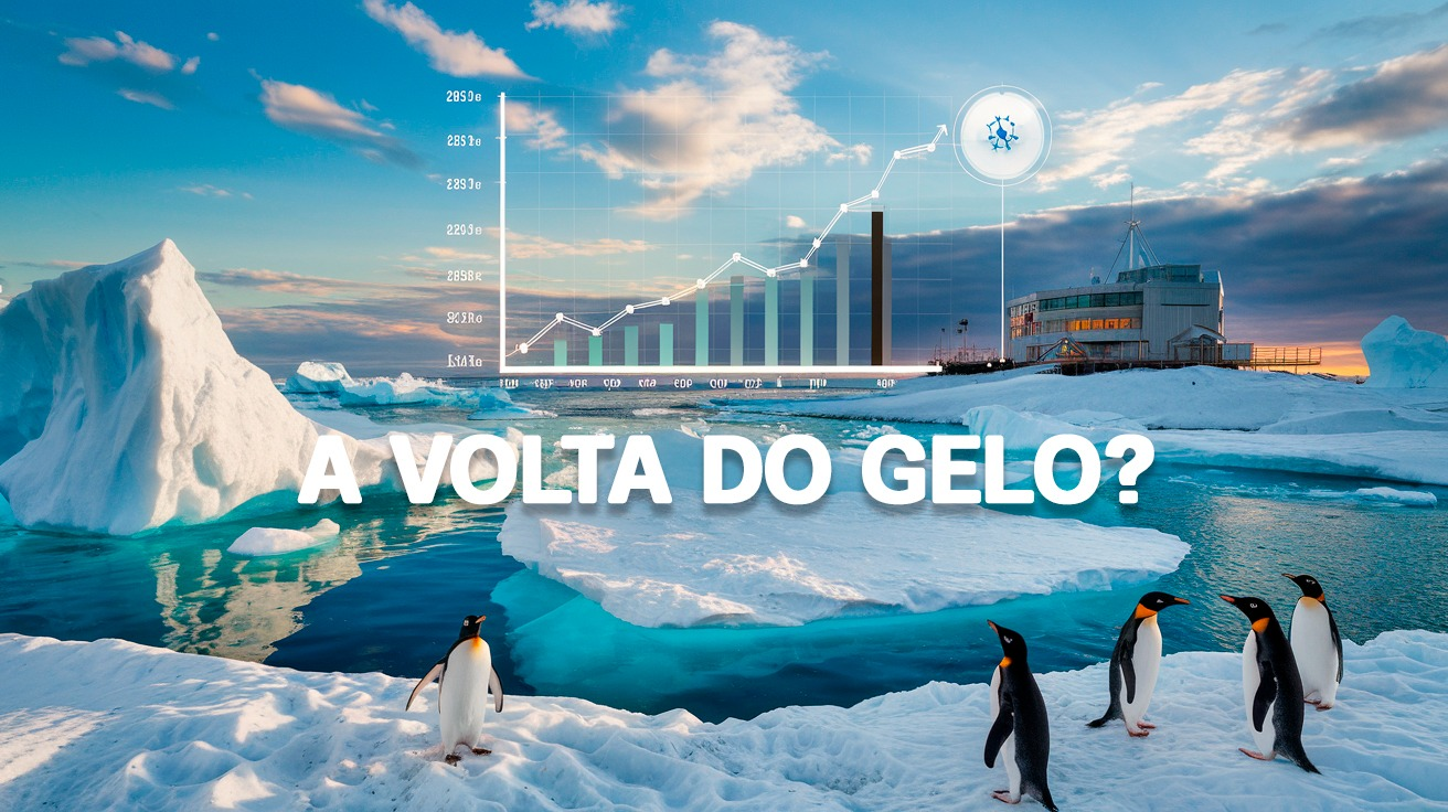 Após mínimos históricos, gelo marinho na Antártida mostra recuperação surpreendente em 2024, mas cientistas alertam para mudanças duradouras. (Imagem: Reprodução/IA)
