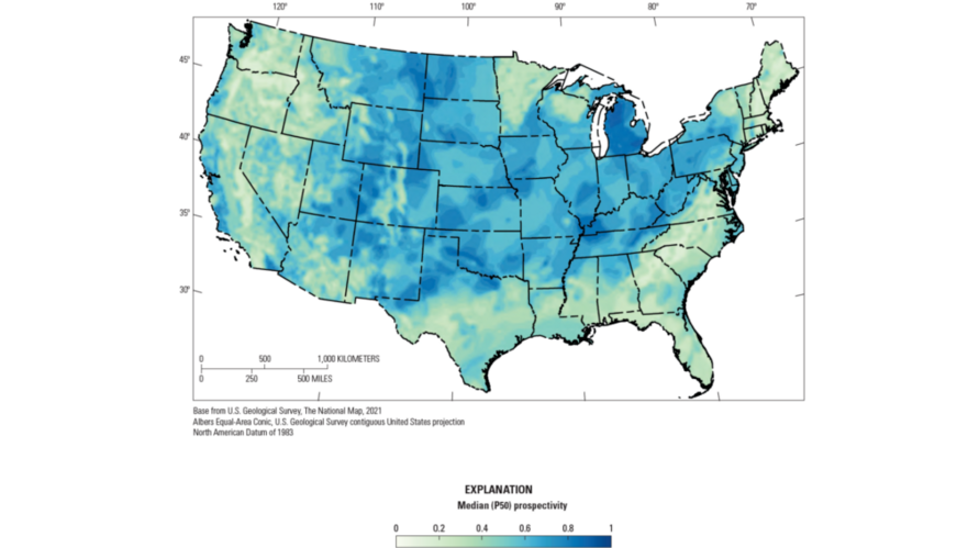 El mapa de EE.UU. muestra las regiones con mayor potencial para encontrar hidrógeno natural, marcadas en azul oscuro. Identifica áreas como el centro del país, la costa de California y partes del oeste, abriendo el camino para nuevas exploraciones energéticas.