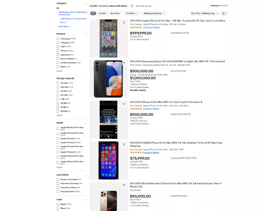 Los valores varían bastante, pero algunos celulares están siendo listados por precios absurdos, como US$ 999.999. Muchos están en el rango de US$ 20.000 a US$ 50.000, mientras que otros piden “solo” miles de dólares.