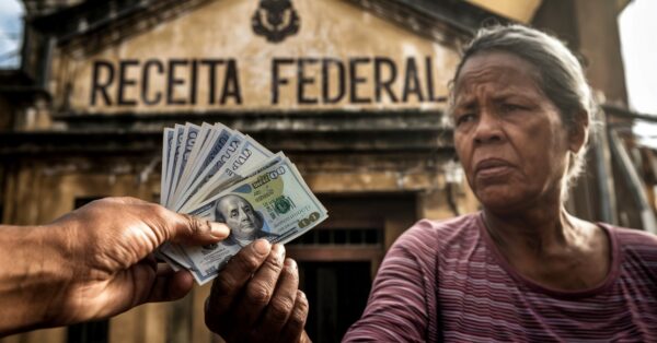 Uma senhora negra recebendo dinheiro na mão do seu filho, mas com expressão de preocupação devido a alta carga tributária do Brasil. Ao fundo, um prédio antigo escrito RECEITA FEDERAL em tom dramático.