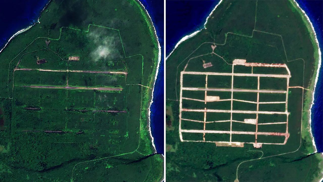 **Imagens de satélite mostram que a base americana em North Field, de onde partiram os bombardeiros para Hiroshima e Nagasaki, está sendo restaurada. Com pistas reformadas e apoio da U.S. Navy e da U.S. Air Force, o local volta a ser estratégico em meio a tensões no Pacífico!**