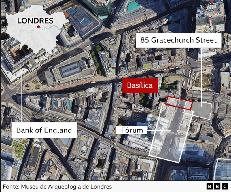 El mapa destaca la ubicación de la primera basílica y del foro romano de Londres, descubiertos bajo un edificio comercial en Gracechurch Street. La excavación reveló vestigios impresionantes de la Londres romana, incluyendo una pared de piedra caliza preservada y artefactos que indican la grandiosidad del lugar. Este descubrimiento inesperado reescribe la historia de la ciudad y será incorporado al nuevo edificio, permitiendo que el público tenga acceso a este verdadero tesoro arqueológico.