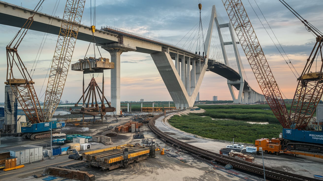 Conheça as máquinas gigantes que estão transformando a Ponte Joinville em um marco da engenharia, com R$ 310 milhões de investimento. (Foto ilustrativa criada por IA)