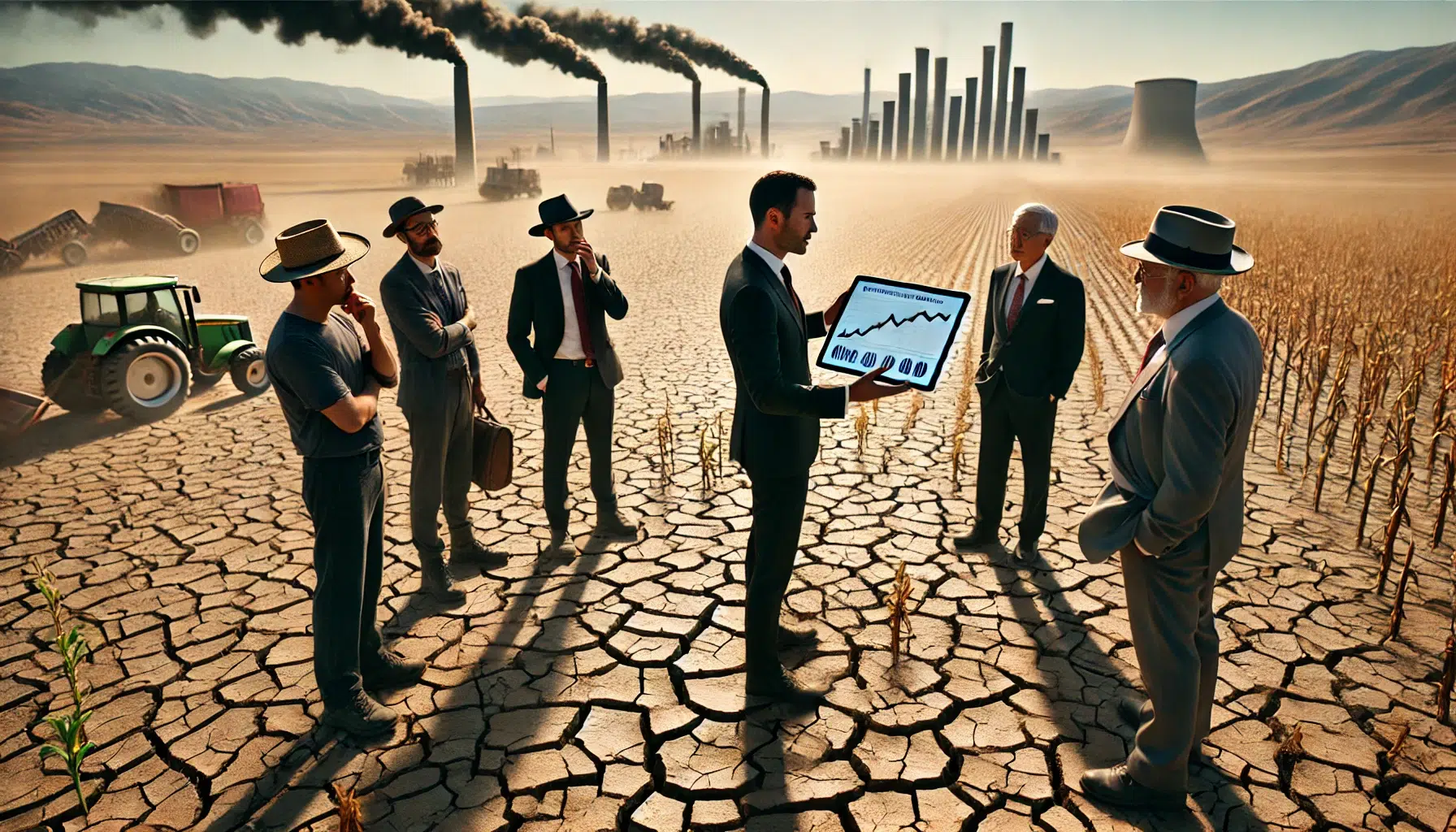 Empresários e agricultores discutem impactos econômicos e ambientais em uma plantação seca, com indústrias poluentes ao fundo.
